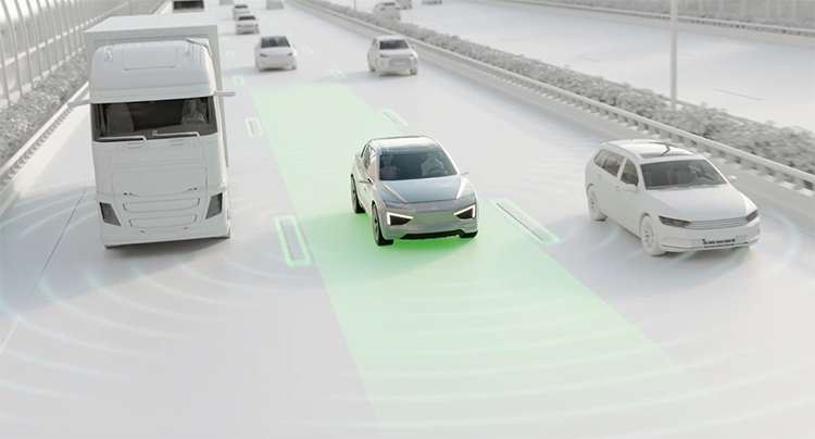 Rendering of car driving along a highway with lane departure warning