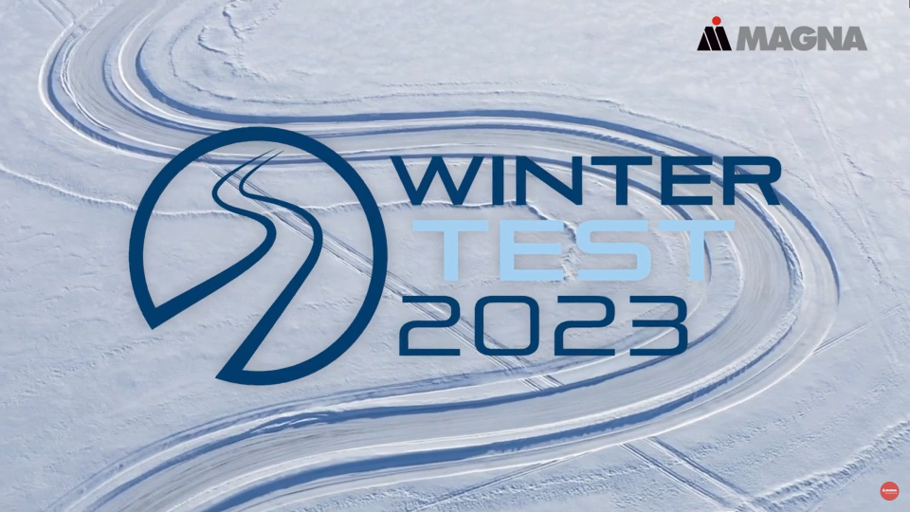 Picture of snowy field with tire tracks and words Winter Test 2023