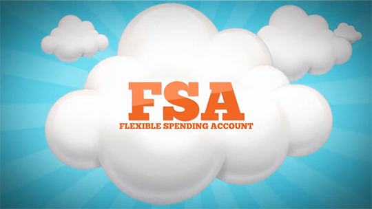 Blue background with white clouds and letters FSA and words Flexible Spending Account
