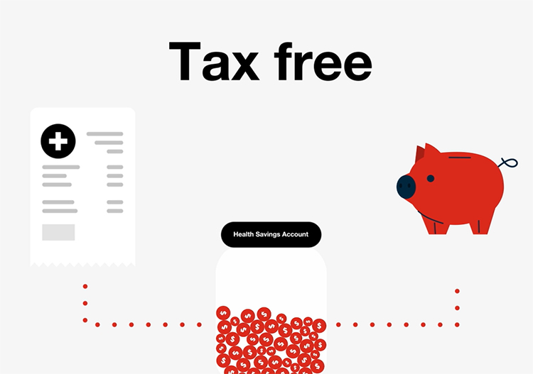 Animation of red piggy bank with red circles with dollar signs and a document with text Tax free