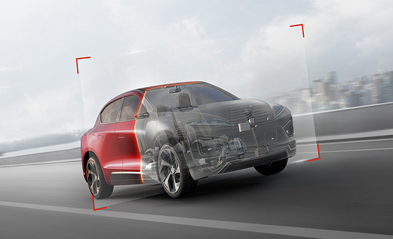 Red vehicle with ghosted front showing the engine components
