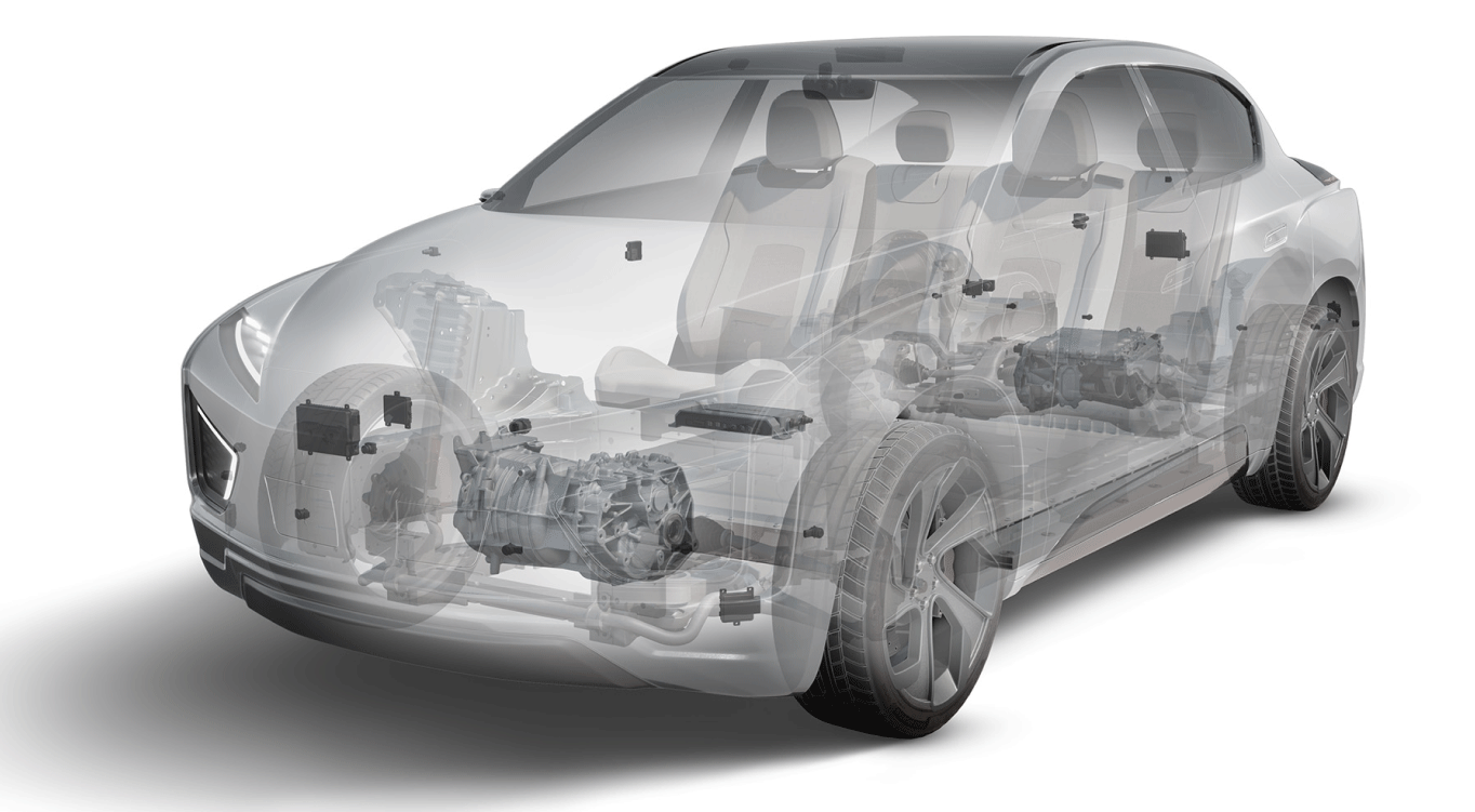 Ghosted grey vehicle showing the engine, transmission, sensors and interior of the vehicle.