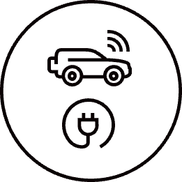 Icon in black circle - vehicle with wifi and and electric plug