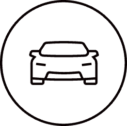 Icon in black circle - front view of a vehicle