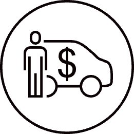 Icon in black circle - dollar sign on a van and person