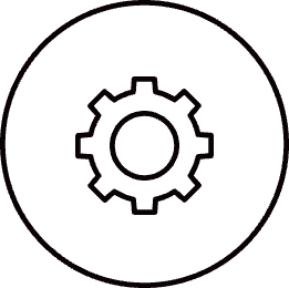 Dark icon on black background depicting a gear enclosed in a circle. Represents settings or configuration, conveying a technical or mechanical theme.