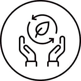 Icon showing two hands holding a circular arrow with a leaf inside, symbolizing sustainability and environmental care.