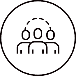 Icon in black circle - three people standing together with a dotted line arched over them