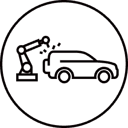 Icon in black circle - SUV with robot working on the back of vehicle