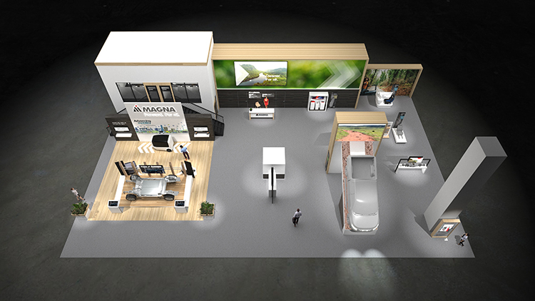 Booth display highlighting Magna products at  2022 Detroit Auto Show
