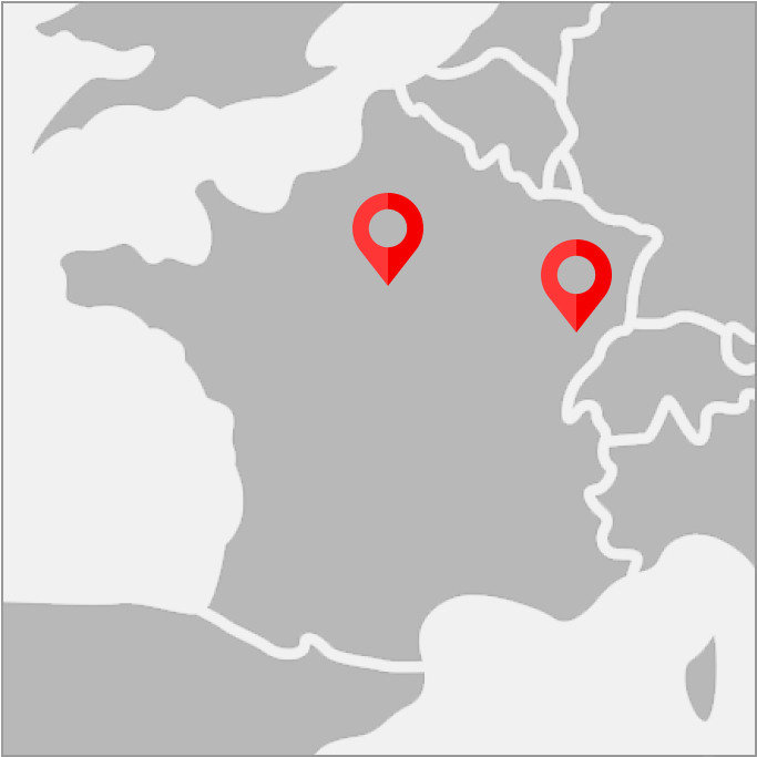 Map of France with location pins showing Étupes & Bièvres