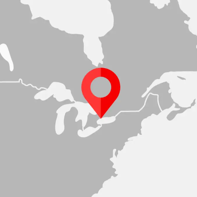 Map highlighting Ontario with location pin showing Brampton, Ontario