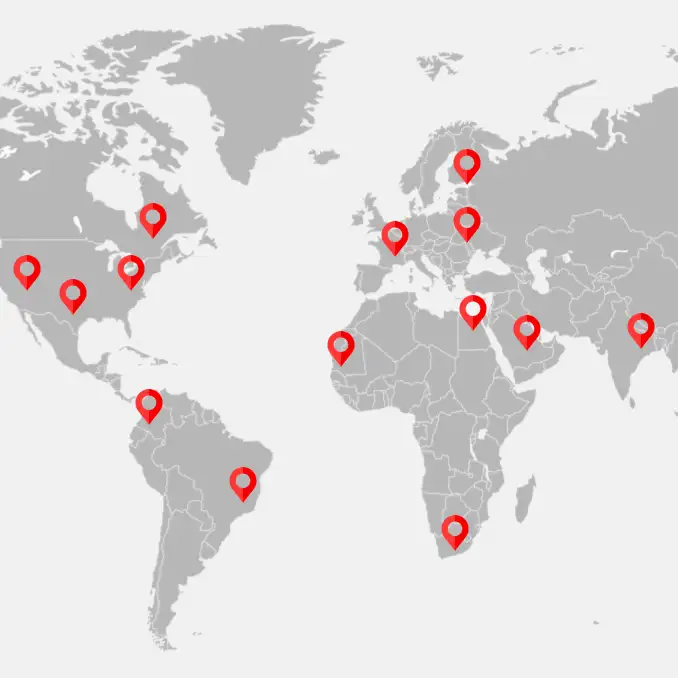 Global map with location pins on various countries