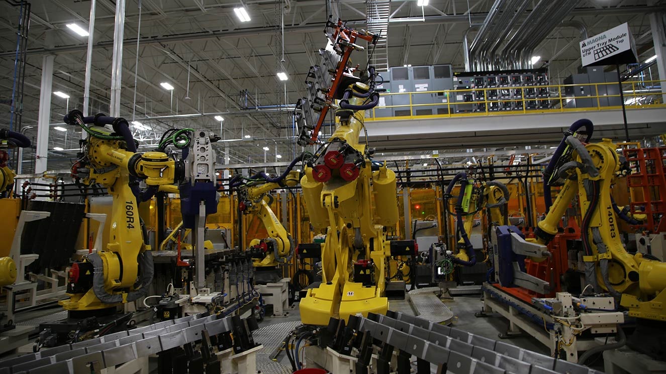 Robots on assembly line in MEVS facility in St. Clair, Michigan