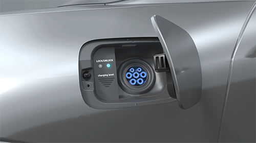 Picture of open automated SmartAccess Power Charge Flap showing the vehicle charging socket