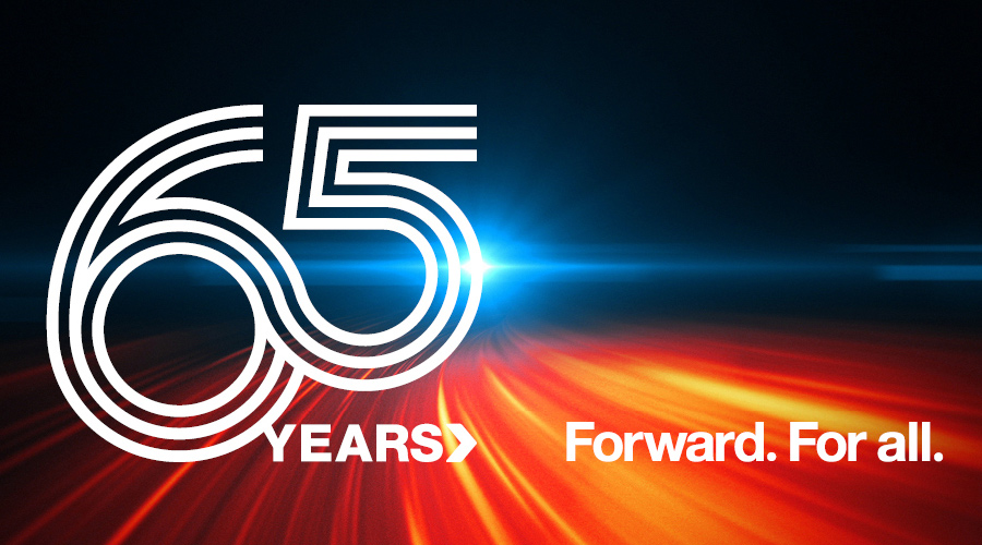 Abstract red and blue image with 65 years and Forward. For all.