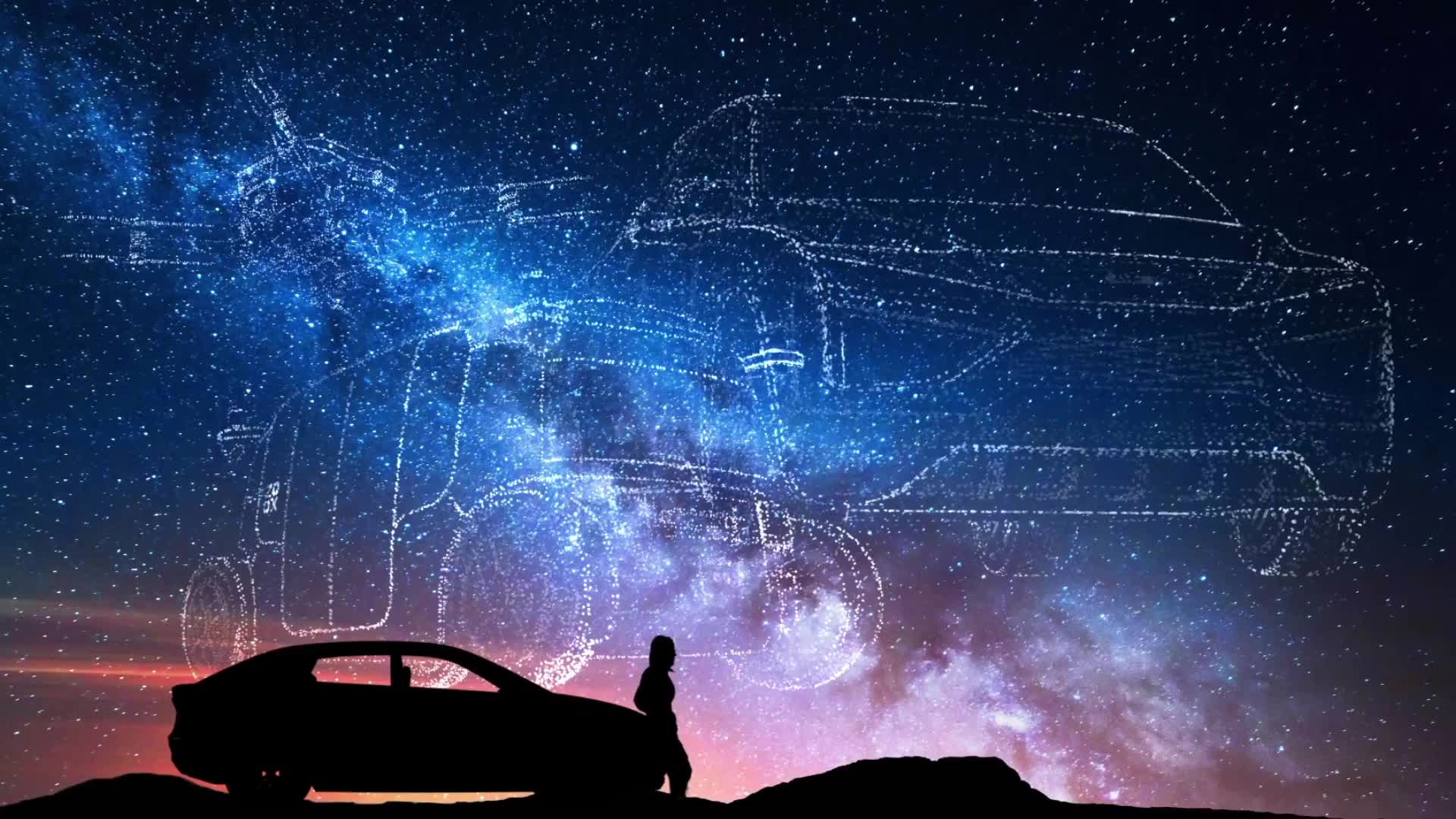 Silhouette of a person and a car with a purple sunset an constellations in the background of vehicles