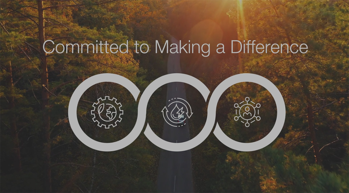 Forest in the fall with Magna's sustainability slogan committed to making a difference and icon