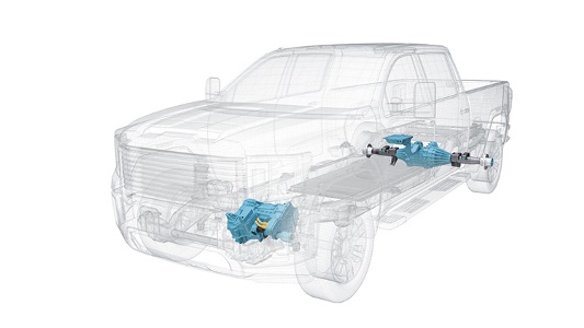 Photo of Magna’s EtelligentForce battery electric powertrain system for pickups and light commercial vehicles