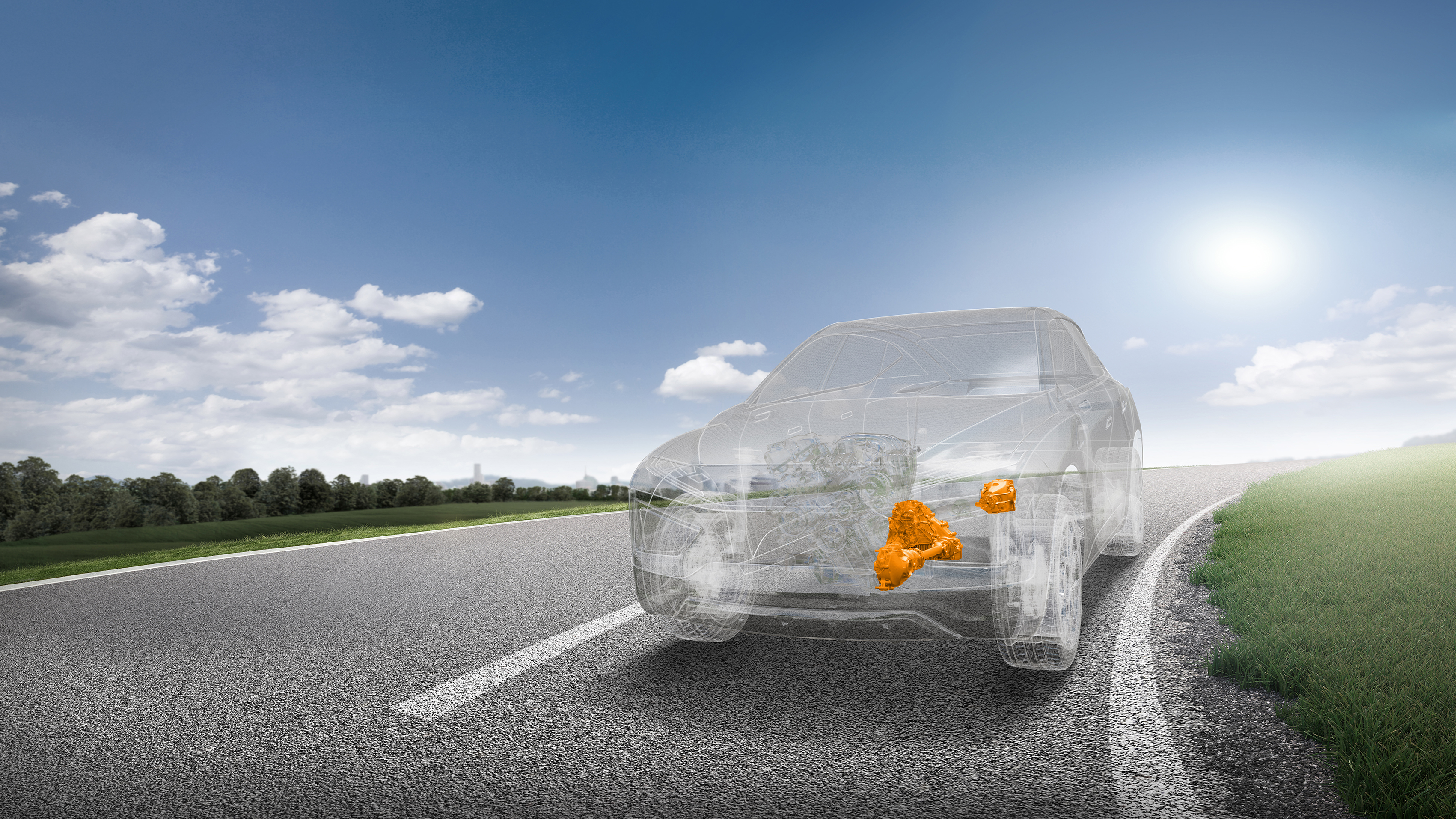 Ghosted vehicle driving along a road showing the EtelligentReach technology