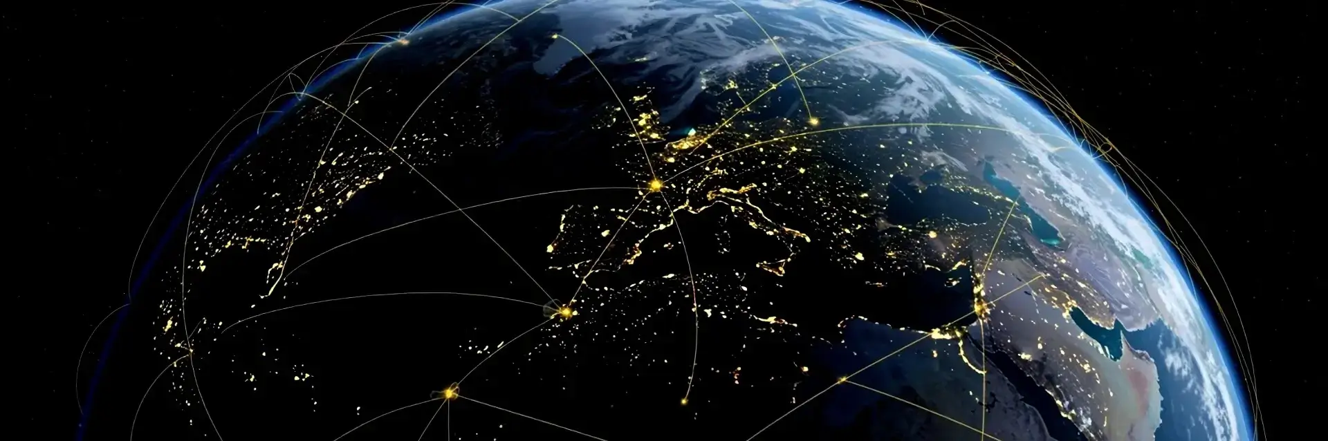 View of Earth from space at night with illuminated cities and glowing network lines connecting locations across continents.