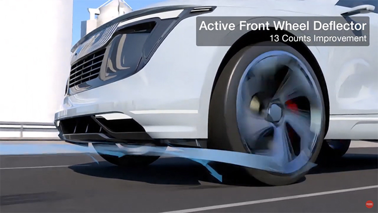 Picture of the front of a vehicle driving down a road showing how the active front wheel deflector works