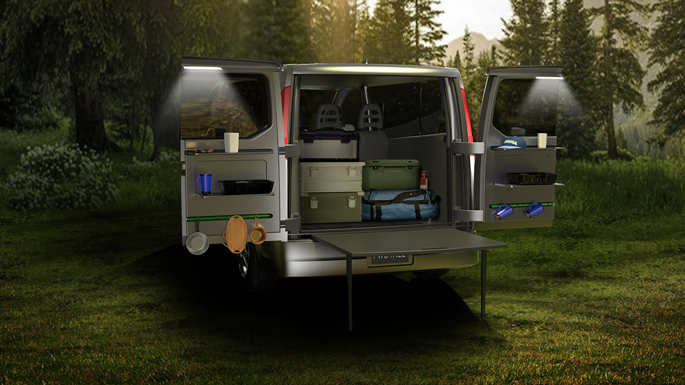 Grey van camping equipment inside, with a pull out table, storage in doors and the thermoplastic swing doors open