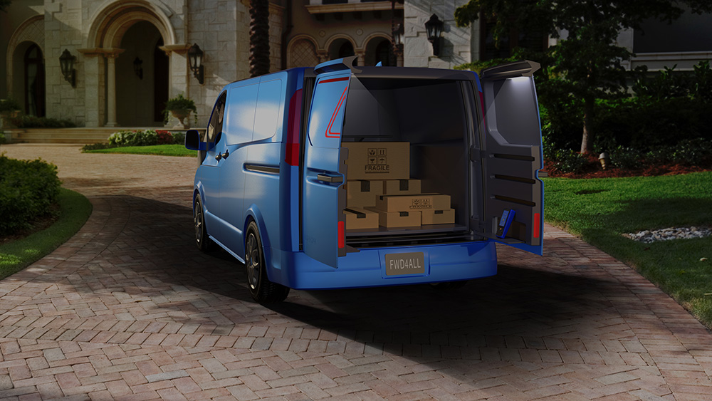 Blue van with boxes inside and the thermoplastic swing doors open