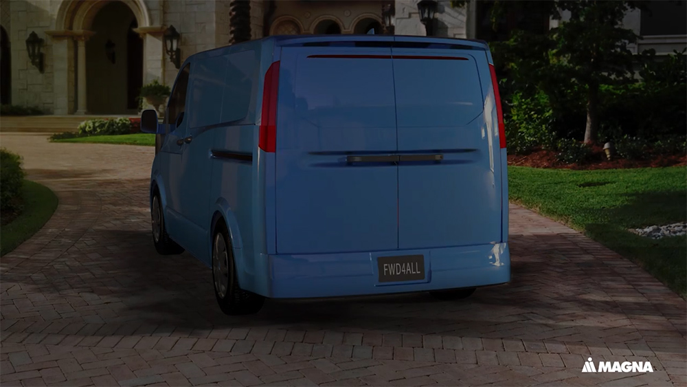 Blue van with thermoplastic swing doors closed parked in a driveway
