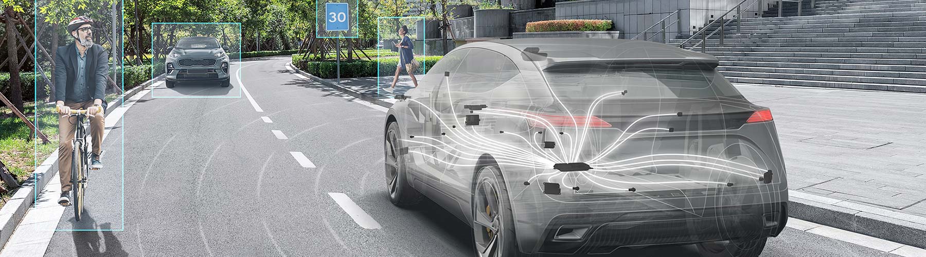 Ghosted vehicle highlighting sensor driving done a road with obstacles outlined in its path