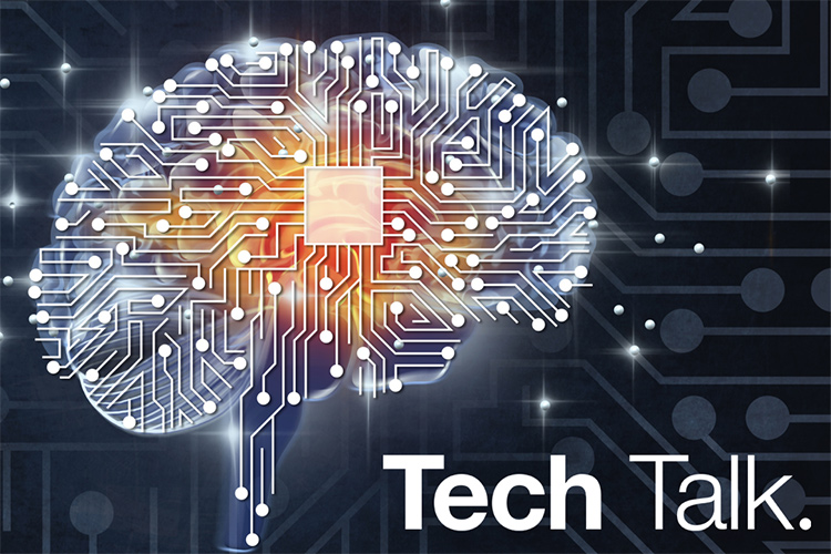 Human brain containing circuits and a circuit board - words Tech Talk in bottom right hand corner