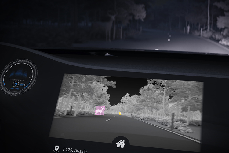 Screen in the dashboard of vehicle showing the night vision capabilities of the thermal sensing system