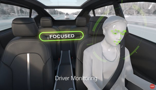 Person sitting in a vehicle showing Driver Monitoring capabilities