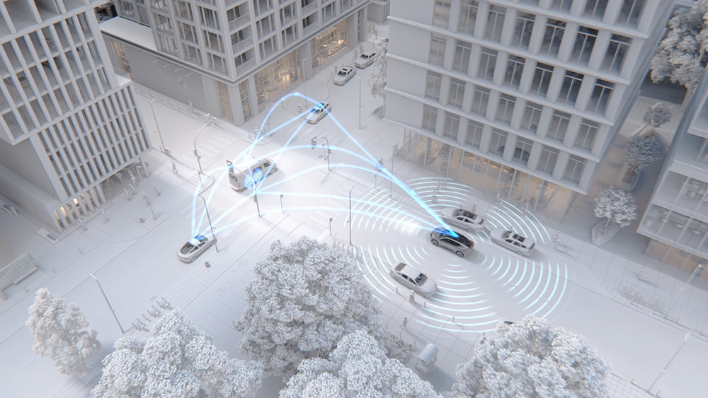 Animation zeigt, wie ein Fahrzeug beim Fahren in der Stadt mit anderen Fahrzeugen über ADAS vernetzt ist.
