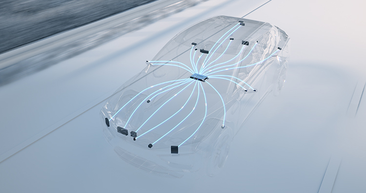 Animated ghosted vehicle driving down a road showing layout of sensor for the automated driving system