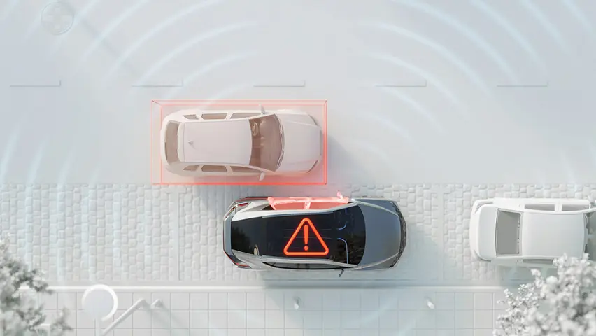 上空から見た車両が前方の車に接近しすぎ、警告を表示しているイラスト