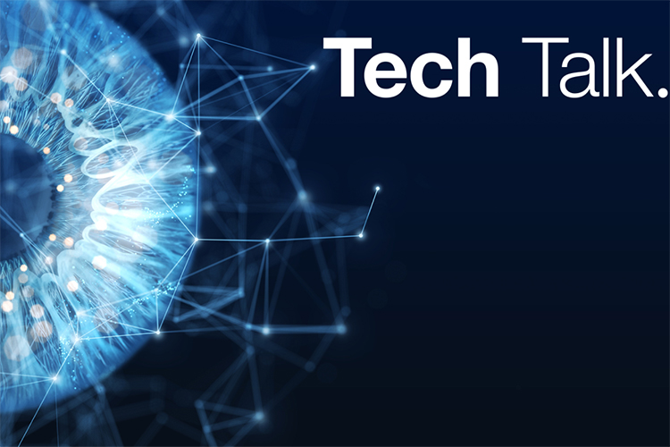 Blue eyeball with connection lines with the text Tech Talk in the top right hand corner.