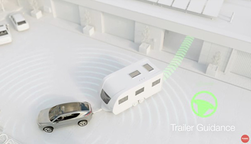 Vehicle with a trailer reversing into a garage showing Trailer Guidance capability