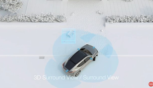Vehicle on a road showing 3D Surround View/ Surround View capabilities
