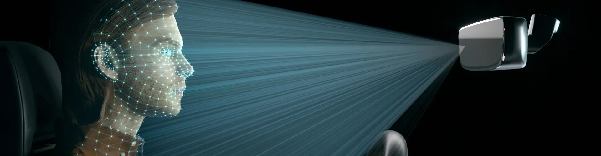 Animation of person driving a vehicle and the mirror sensing the person's level of distraction
