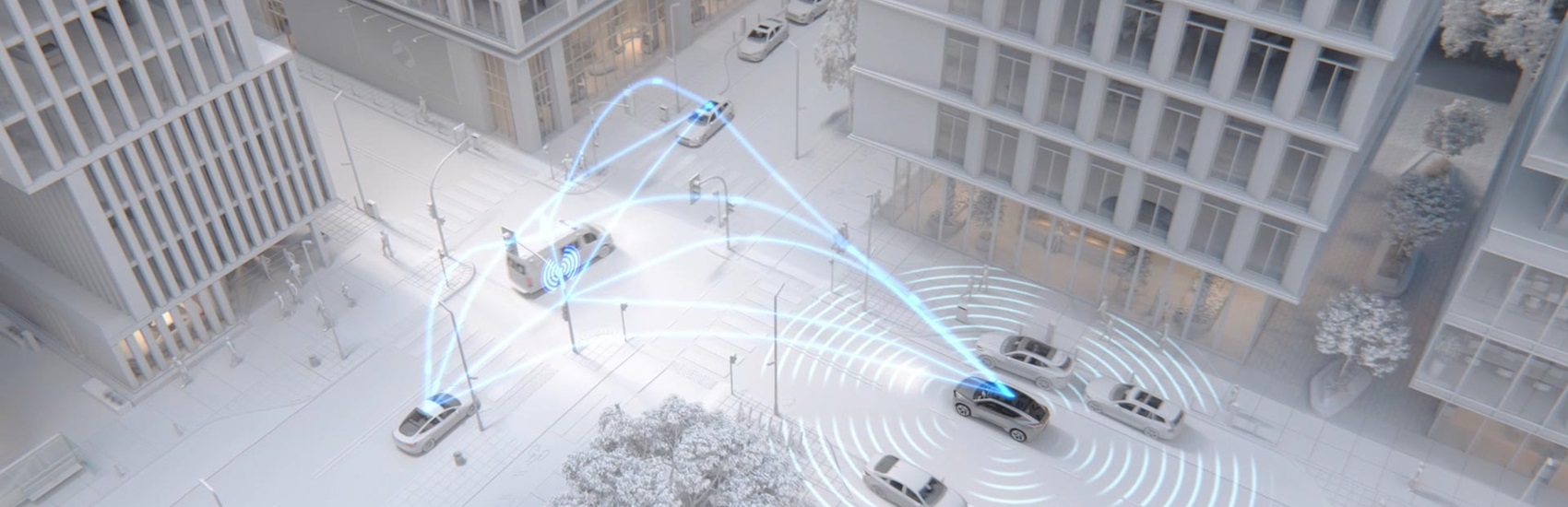 Animation showing a how a vehicle is connected with other vehicles with ADAS capabilities while driving in a city