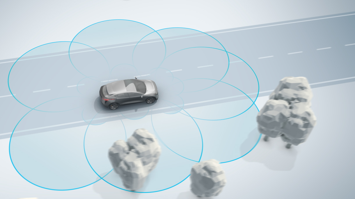 Rendering of vehicle driving along road with radar circles