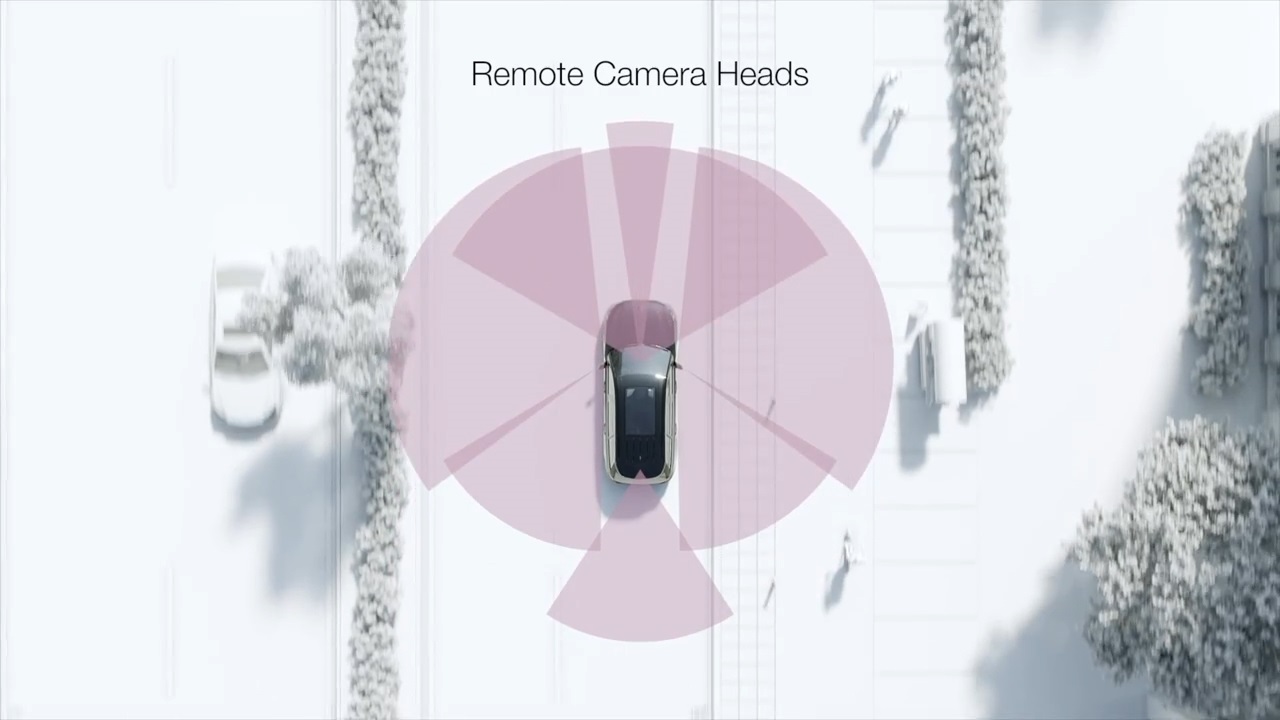 Animation of a vehicle driving along a road with remote camera heads showing the breath of the radar for detecting objects