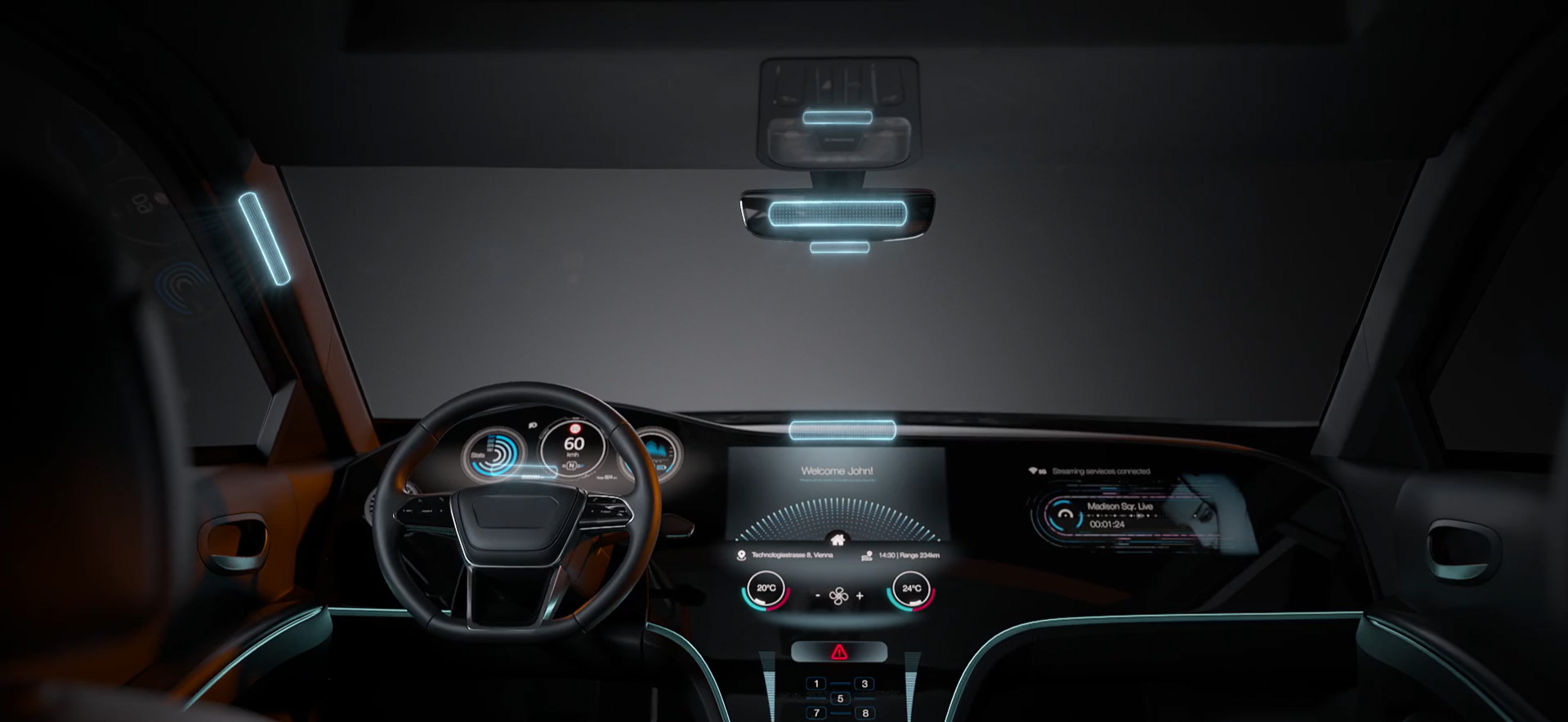 Interior of a vehicle showing where all of the driver monitoring sensors are located.