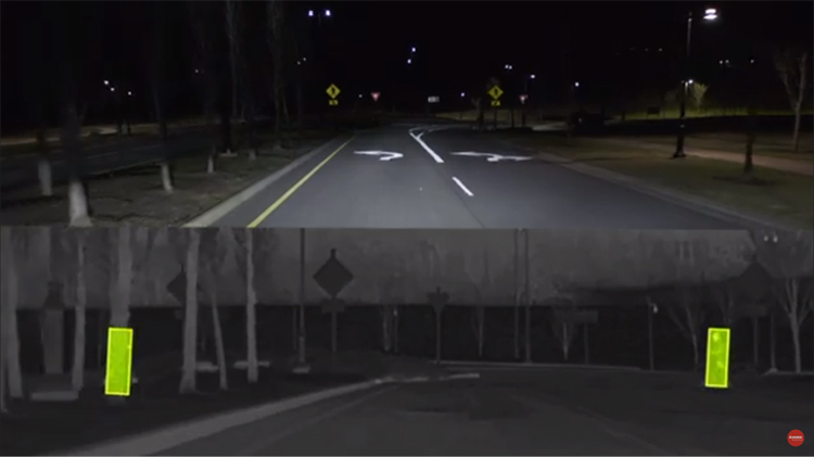 Slit screen of open road at night on top and objects being detected by sensors on a vehicle