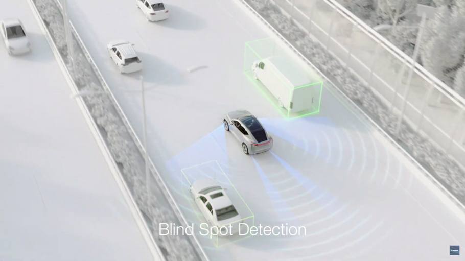 Vehicle driving along a highway showing blind spot detection