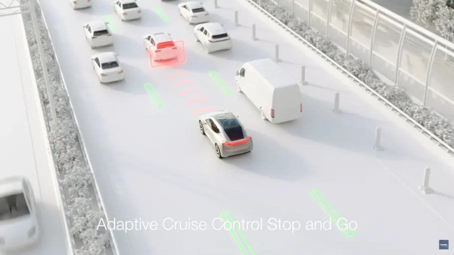 Vehicle driving along a highway illustrating adaptive cruise control stop and go