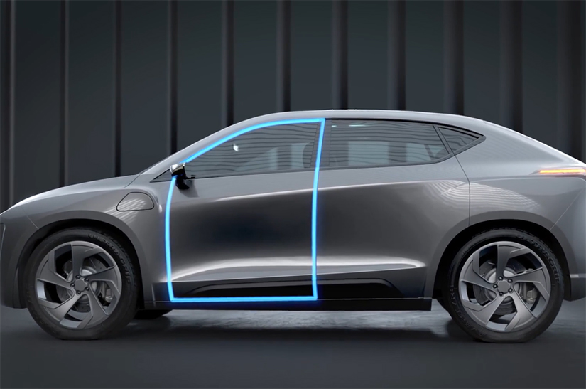 Grey vehicle with a blue outline of the Cinch Obstacle Detection Algorithm (CODA) system around the driver door