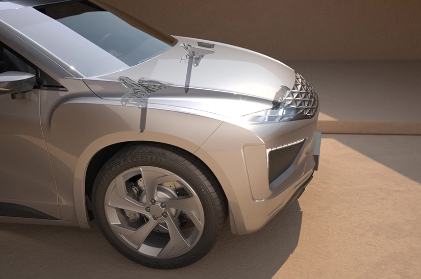 Silver vehicle with the power trunk mechanism superimposed to show how the mechanism is positioned in the vehicle