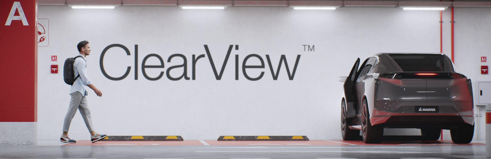 Person walking towards a parked vehicle with the words ClearView™️ on the wall